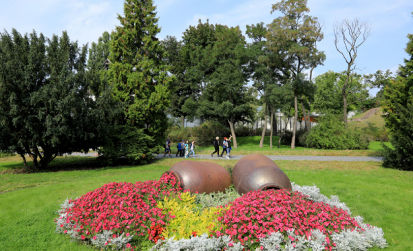 Na zdjęciu: kwiaty ułożone tak, by wypływały z glinianych amfor na trawniku w centrum miasta, w tle drzewa