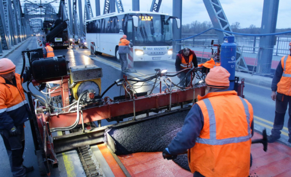 Robotnicy przy maszynie podczas asfaltowania mostu