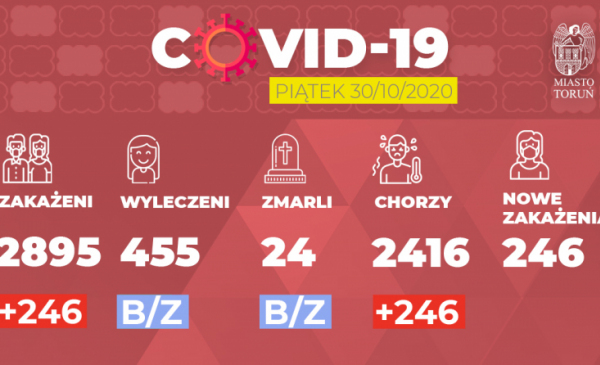 Grafika pokazuje dane dotyczące zakażenia Covid-19 w Toruniu, 30.10.2020