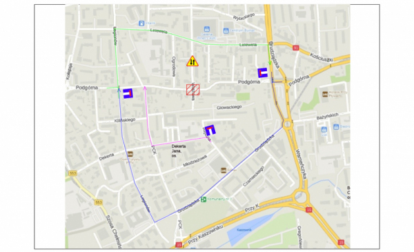 Mapa przestawia objazd ulicami Podgórną i Wiązową
