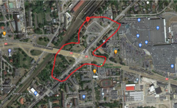 Mapa z zaznaczoną lokalizacją węzła przesiadkowego przy dworcu Toruń Wschodni