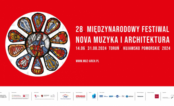 Plakat festiwalu z rozetą witrażową na czerwonym tle