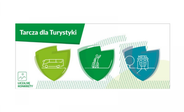 Grafika w kolorach biało-zielonym informuje o programie pn. Tarcz turystyczna
