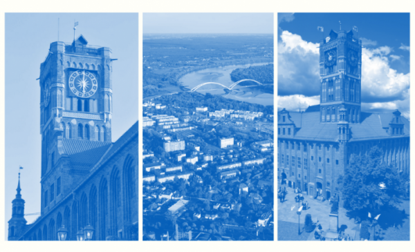 Strona tytułowa gospodarczego portfolio miasta z ratuszem i lotniczym widokiem miasta
