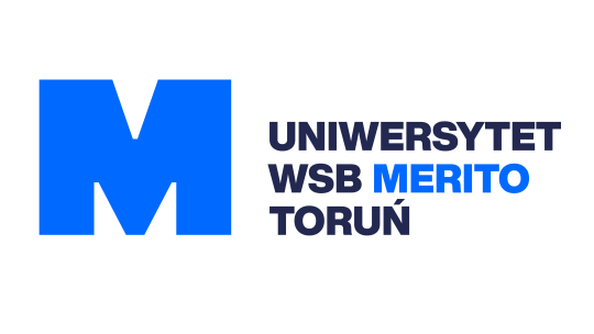 Logo uczelni: duża litera M, kolor niebieski i napis: Uniwersytet WSB Merito Toruń.