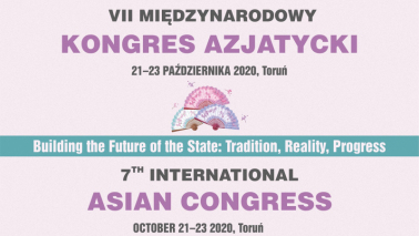 Plakat informujący w językacj polskim i angielskim o odbywającym się w formie zdalnej VII Międzynarodowym Kongresie Azjatyckim