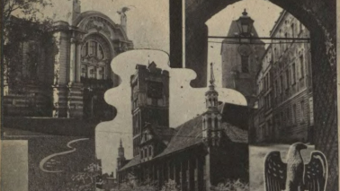 Pocztówka wieloobrazkowa z okresu II wojny światowej, przedstawiająca Ratusz Staromiejski, Teatr Miejski, fragment ulicy Żeglarskiej. Motyw hitlerowski = Orzeł Rzeszy